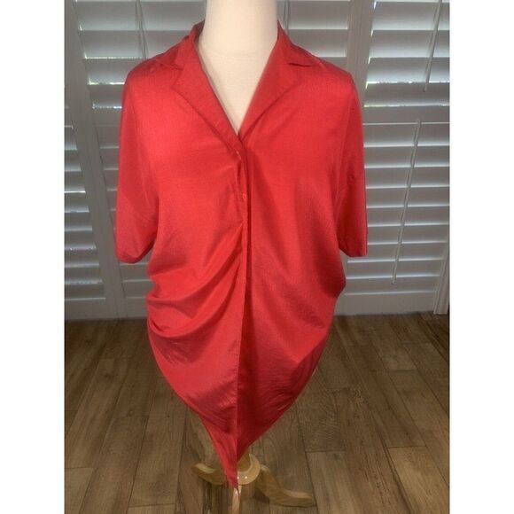 Vtg 70s Lehigh Red Button Up Blouse L/XL Tie Waist Collared Band Classic Retro - Picture 6 of 11